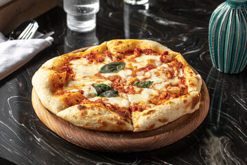 Portion of gourmet baked italian pizza margherita
