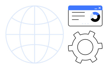 Globe with grid lines, analytics window with pie chart, and gear icon for technology, innovation, and strategy. Ideal for digital transformation, global business, data solutions, tech management