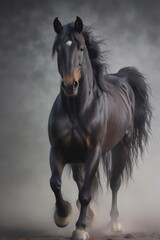 Andalusian horse emerges from swirling mist, its dark coat gleaming , white, grey, wild