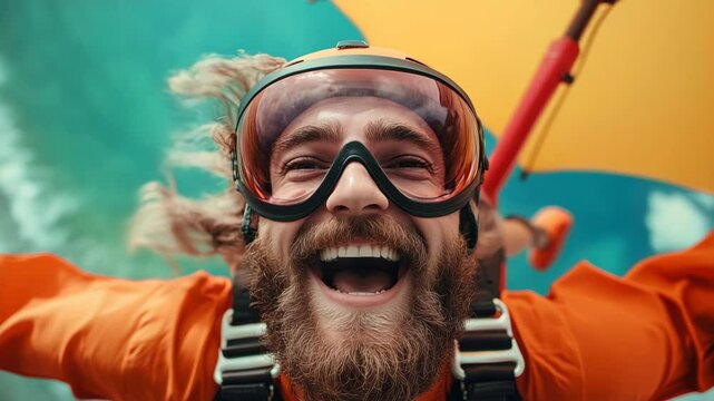 Man with a beard and goggles is smiling and holding an umbrella. Concept of adventure and excitement, as the man is likely participating in an outdoor activity such as parasailing or skydiving