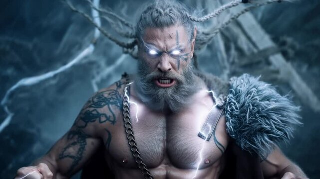 Furious Nordic warrior with glowing blue eyes and lightning powers in a dramatic mythology portrait.