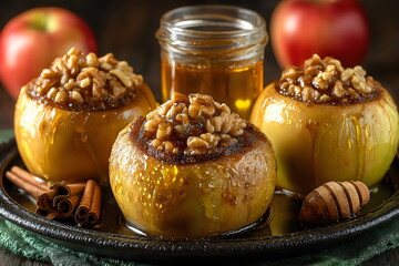 Delightful baked apples topped with walnuts and honey create a warm, inviting autumn dessert experience