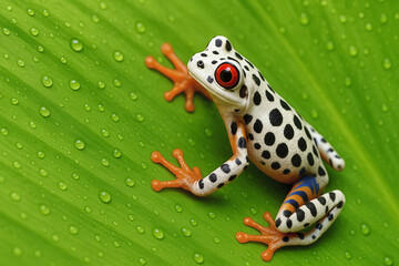 Fototapeta premium Bright White Black dotted Orange Eyed Frog with orange legs on Leaf in Rainy Jungle