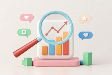 Social Media Community Platform Analytics  Dashboard Overview, Colorful graphic depicting analytics with a magnifying glass, showcasing growth and engagement metrics.