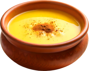 Delicious atol de elote served in a traditional clay bowl showcasing its vibrant yellow color and cinnamon topping