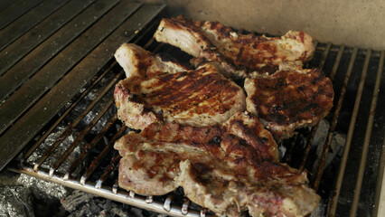 Grilling meat on a barbecue with foil-wrapped potatoes cooking in hot coals — a perfect outdoor meal preparation scene.