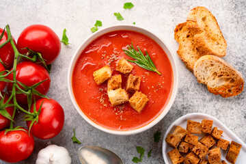 Homemade tomato soup on vintage table