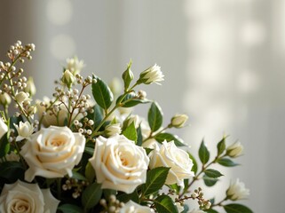 Obraz premium A bouquet of elegant white roses and small buds with green leaves, softly lit in a serene indoor setting.