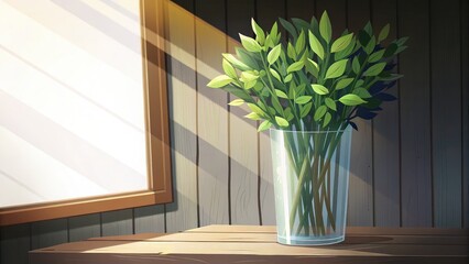 herb, wild herb, natural supplement. A vibrant arrangement of green leaves in a clear vase, illuminated by sunlight streaming through a window onto a wooden surface.