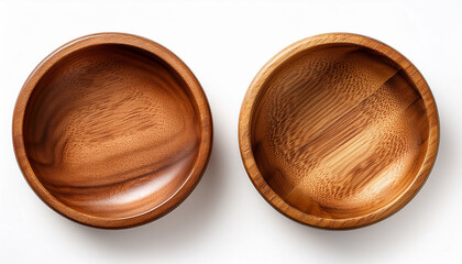 top down view of an empty wooden bowl with a smooth texture and natural wood grain handcrafted rustic kitchenware for serving and dining isolated on white background