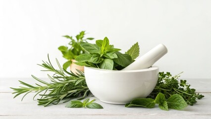 herb, wild herb, natural supplement. A mortar and pestle surrounded by fresh herbs on a wooden surface, emphasizing cooking and natural ingredients.
