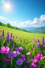 Fototapeta premium Purple, pink wildflowers carpet a sun-drenched meadow under a vibrant blue sky , idyllic, background