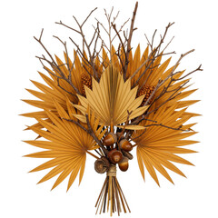 Autumnal arrangement with dry leaves, branches, and acorns tied together. Rustic and warm decor