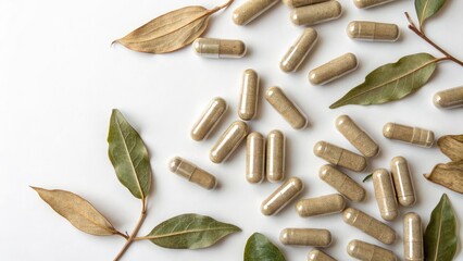 herb, wild herb, natural supplement. Natural capsules and dried leaves arranged on a clean background, emphasizing herbal and organic themes in wellness.