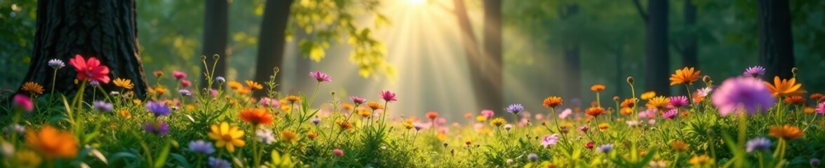 Fototapeta premium Sun-dappled wildflowers in misty forest clearing, vibrant, summer, flowers