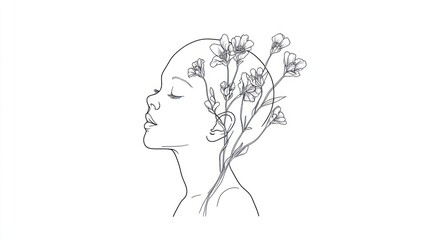 Minimalist female head with flowers art for wellness posters or stationery