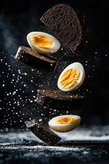 Elements of Swedish breakfast flying in air. Slices of black bread, herring, drops of cream, eggs