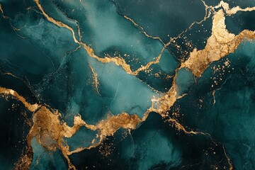 Elegant teal and gold abstract marble texture with cracked veining patterns, abstract background