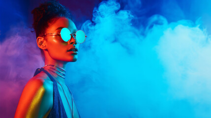 Fototapeta premium Stylized Y2K fashion portrait with reflective sunglasses and colored fog lighting