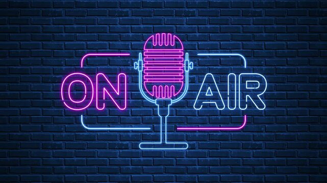 neon lights on air text on blue brick wall animation, live podcast streaming and broadcasting social media motion design element	