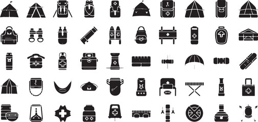 Camping and Hiking Equipment Icon Set Black Glyphs