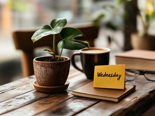  Cozy workspace with coffee, houseplant and Wednesday reminder note on wooden table - perfect for productivity, wellness and work-life balance concepts