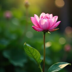Fototapeta premium A single pink flower, peaceful garden nook Soft light highlights the petals , wallpaper, pretty, pastel