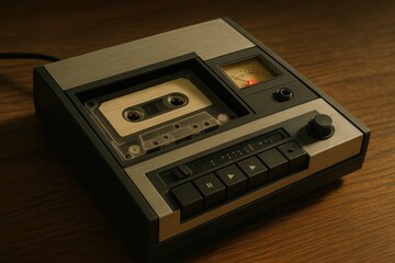 Obraz premium Vintage cassette tape player on wooden table with warm lighting