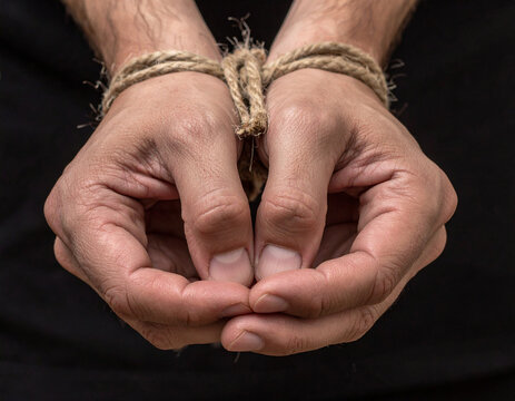 Unas manos prisioneras atadas con una cuerda sujetando y privando la libertad a una persona
