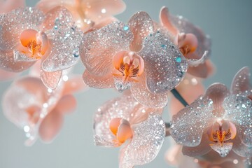 Delicate orchids adorned with shimmering embedded crystals in an elegant floral decorative frame