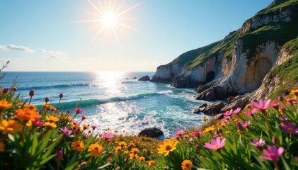 Obraz premium Bright spring sun on rocky coast, wildflowers blooming , coastal, environment, wild