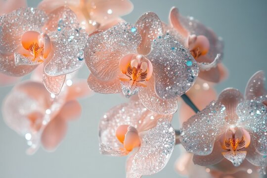 Delicate orchids adorned with shimmering embedded crystals in an elegant floral decorative frame
