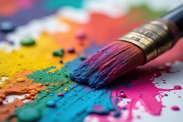Fototapeta premium Close-up of paintbrush, vibrant drips, colorful paint , dynamic, fluid, close-up