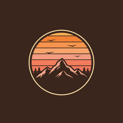 Sunset above mountains peak silhouette. Vintage styled mountain logo or sticker or poster template. Vector illustration