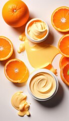 Hydrating body butter beside halved oranges & orange juice spills , beauty, sunlight, delicious