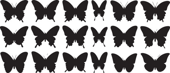Eighteen Black Butterfly Silhouettes on White Background