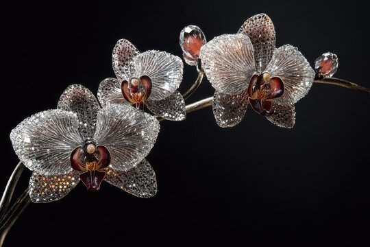Delicate orchids adorned with shimmering embedded crystals in an elegant floral decorative frame