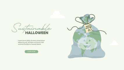 Sustainable Halloween Eco-Friendly Earth bag. zero waste bag with Earth-shaped pumpkin design promoting sustainable Halloween practices and environmental consciousness. Flat design.Vector illustration