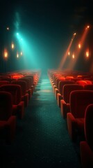 Red theater seats illuminated by ambient light in a dimly lit cinema hall before a movie screening
