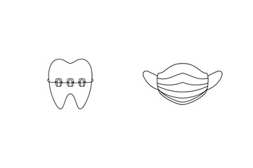 Outline of a tooth with braces and a protective face mask for dental health care