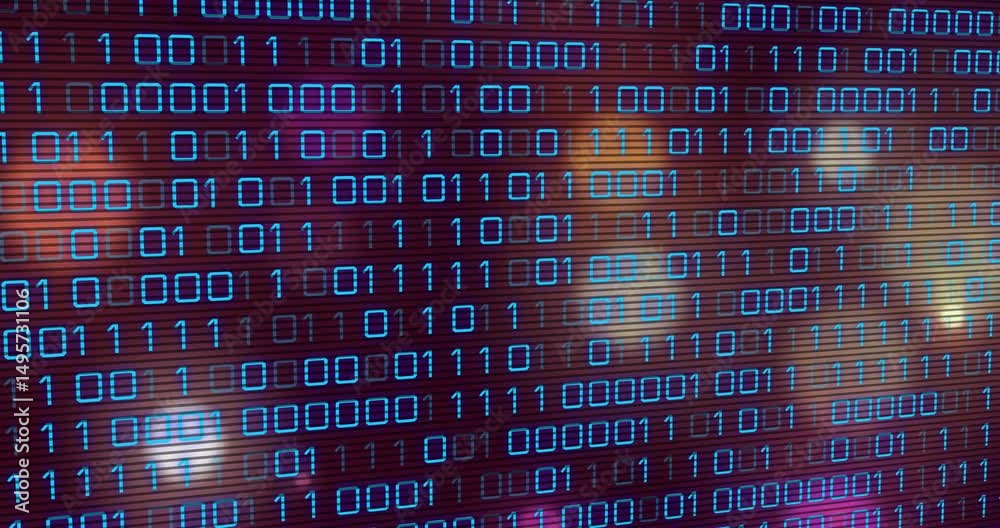 Poster On start binary grid staying static while colored backdrop pulsing and shifting to visualize data