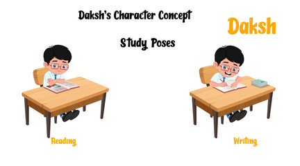Indian school boy doing homework sitting in table chair cartoon vector character illustration