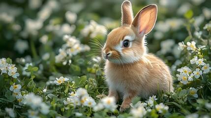 Fototapeta premium A fluffy rabbit sitting amidst a field of blooming flowers