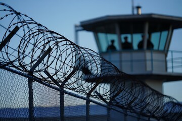 Barbed Wire and Prison Guard Tower under Blue Sky