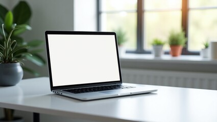 A modern laptop on a minimalist desk, displaying a responsive website design, with natural lighting and a blurred background, for laptop mockup