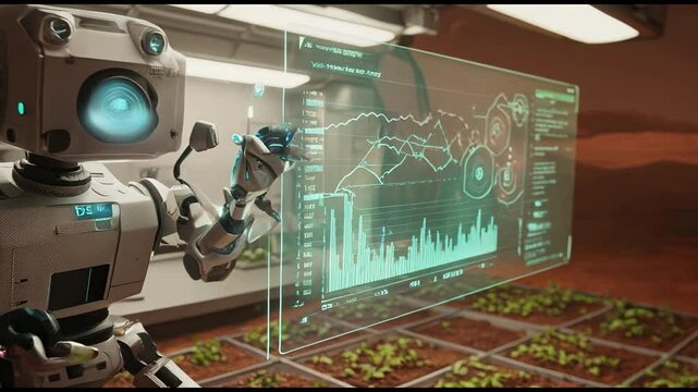 Intriguing Scene of a Robotic Scientist and Human Interaction on Mars in a Futuristic Greenhouse Environment