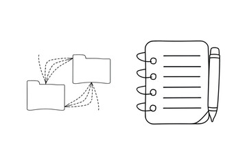 Hand drawn sketch illustration of files connected and a notepad with pen on white background