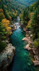 Serene river flows through vibrant autumn forest in a secluded mountain valley