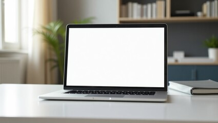 A modern laptop on a minimalist desk, displaying a responsive website design, with natural lighting and a blurred background, for laptop mockup