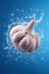 Garlic splashes into clear water creating dynamic droplets. Vibrant blue background emphasizes freshness. Concept of culinary, food preparation, health